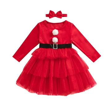 MQTIME  -  1-7Y Autumn Kids Girls Christmas Dress Long Sleeve Tulle Patchwork Mesh Layered Dress with Bowknot Headband